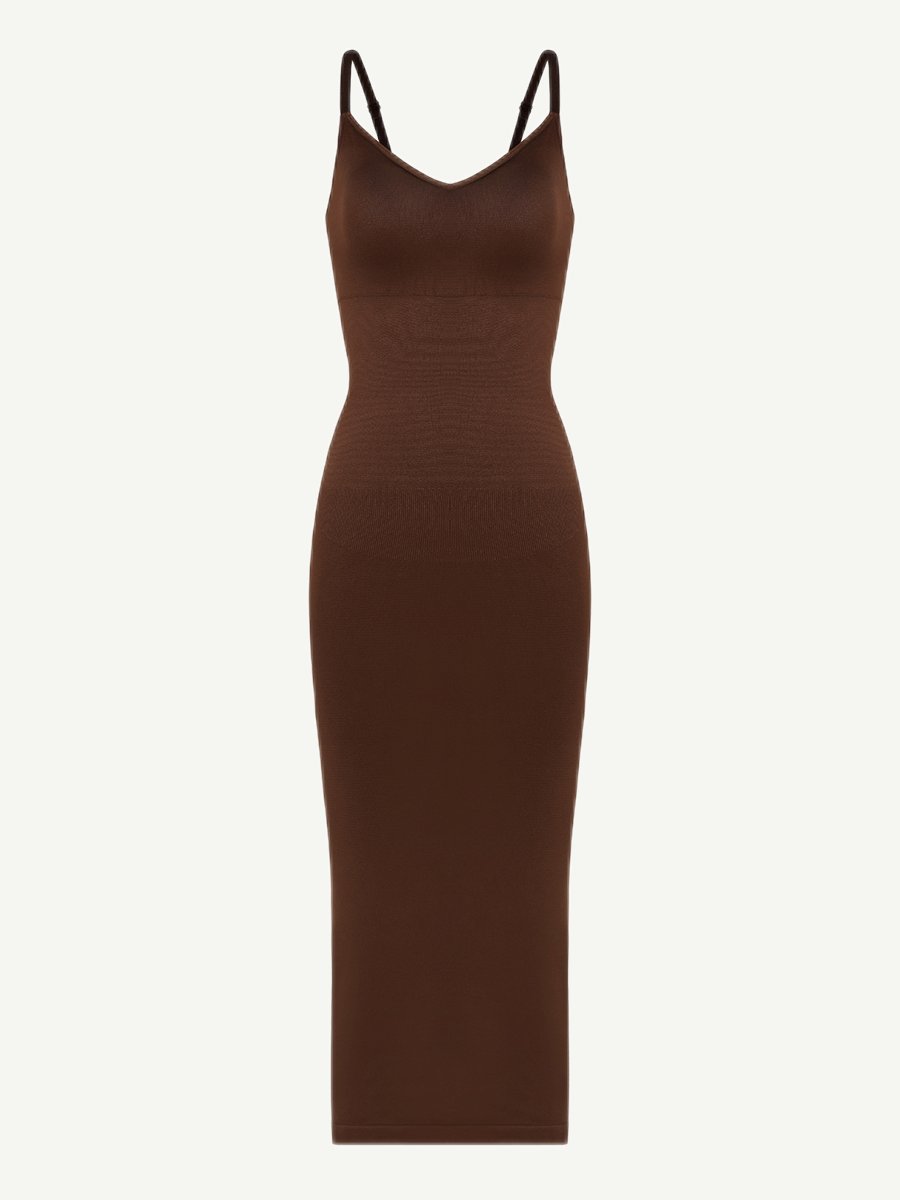 FeelinGirl Nahtloses Maxi-Shaping-Kleid mit Spaghettiträgern, V-Ausschnitt und integriertem Figurbetonen