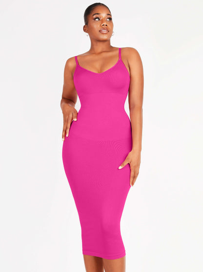 FeelinGirl Nahtloses Maxi-Shaping-Kleid mit Spaghettiträgern, V-Ausschnitt und integriertem Figurbetonen