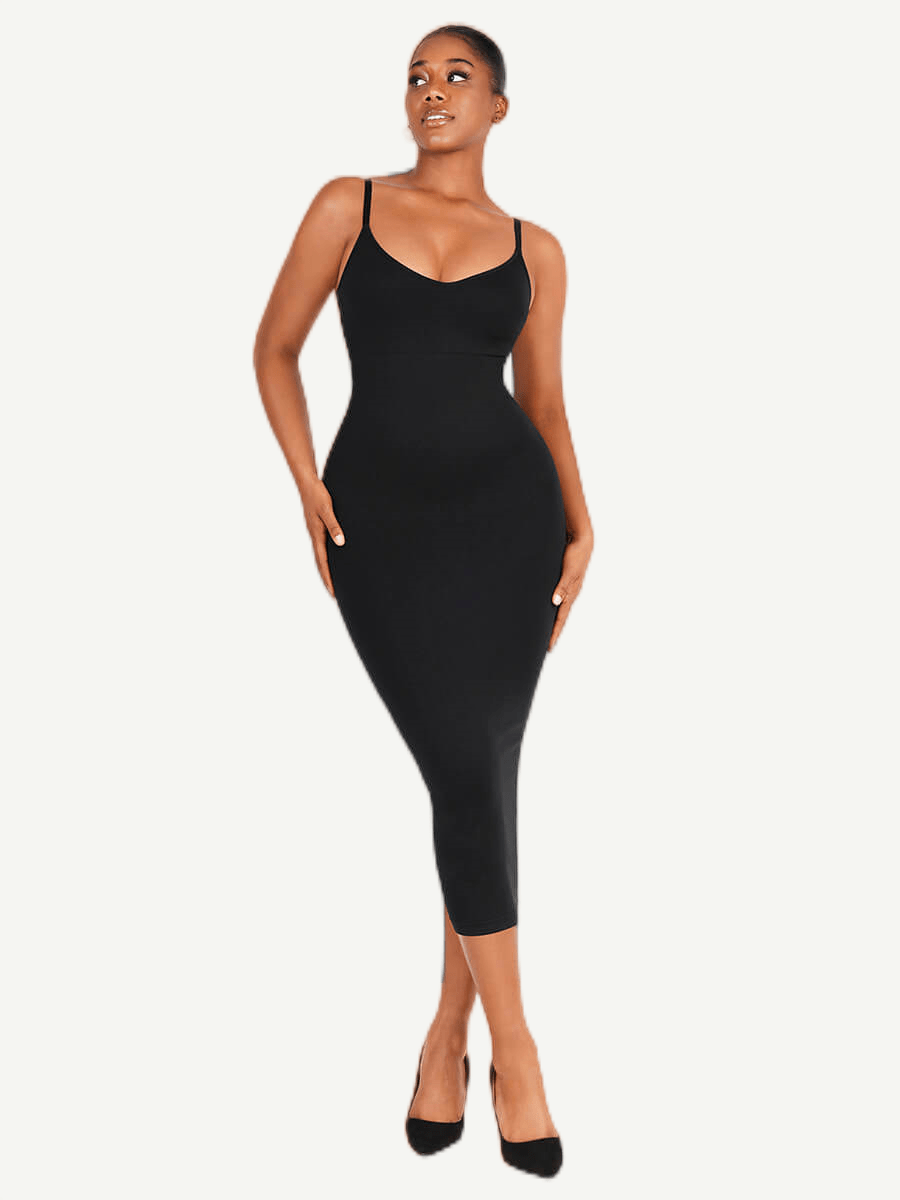 Seamless Spaghetti Strap V-neck Maxi Built-in Shaper Dress