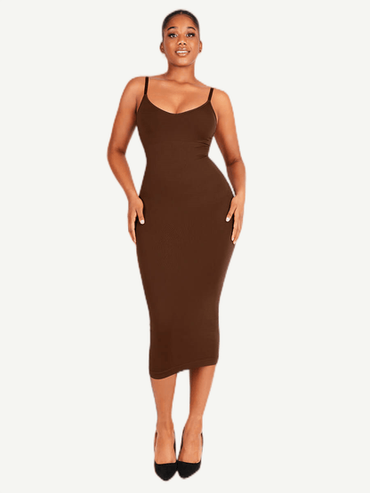 FeelinGirl Nahtloses Maxi-Shaping-Kleid mit Spaghettiträgern, V-Ausschnitt und integriertem Figurbetonen