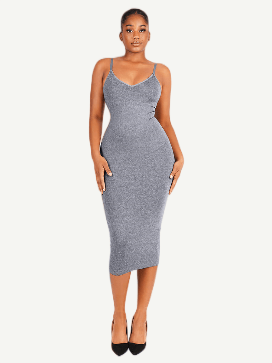 FeelinGirl Nahtloses Maxi-Shaping-Kleid mit Spaghettiträgern, V-Ausschnitt und integriertem Figurbetonen