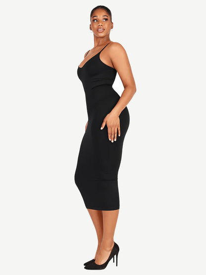 FeelinGirl Nahtloses Maxi-Shaping-Kleid mit Spaghettiträgern, V-Ausschnitt und integriertem Figurbetonen