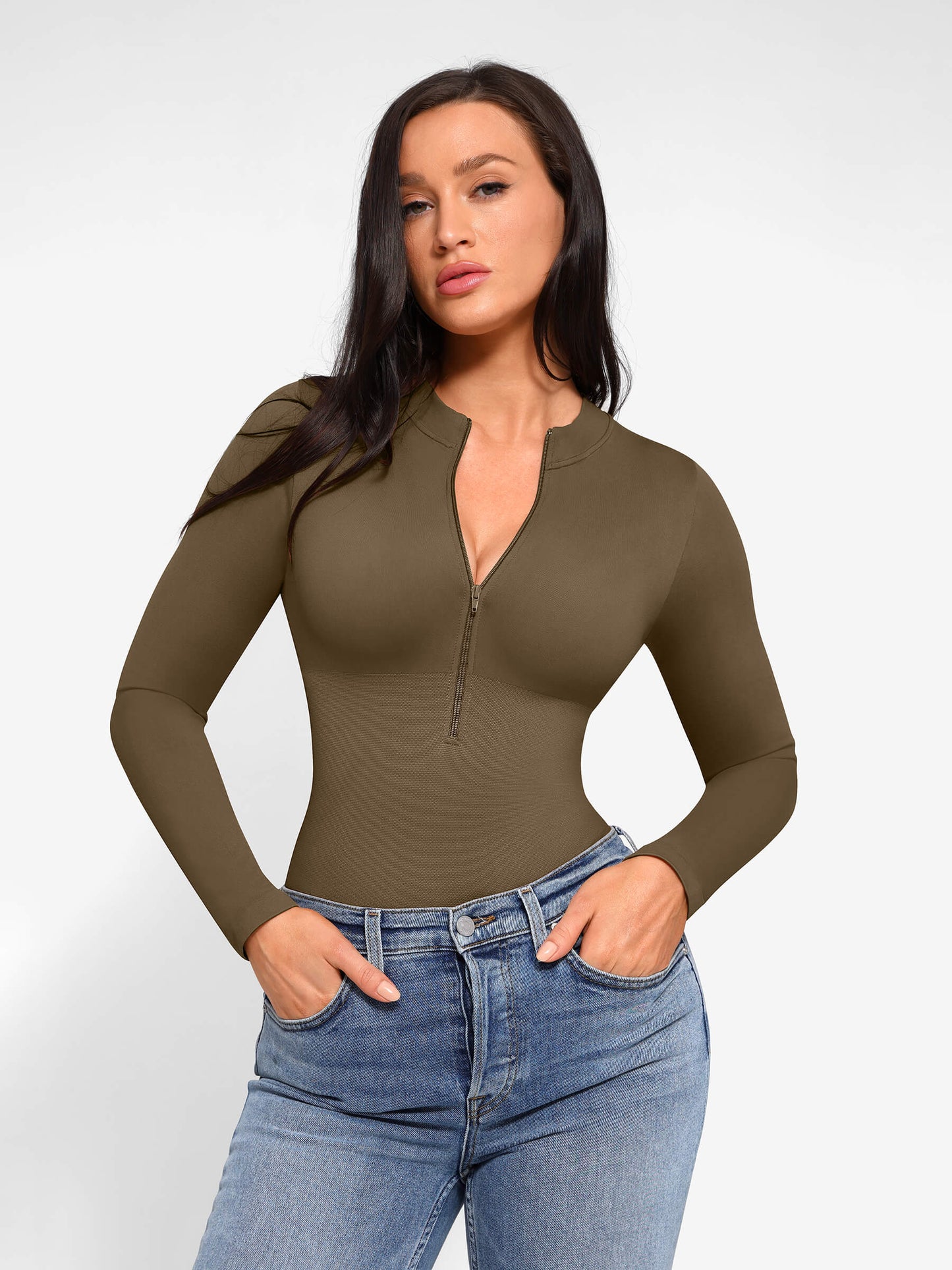 Seamless Long Sleeve Zipper Thong Bodysuit