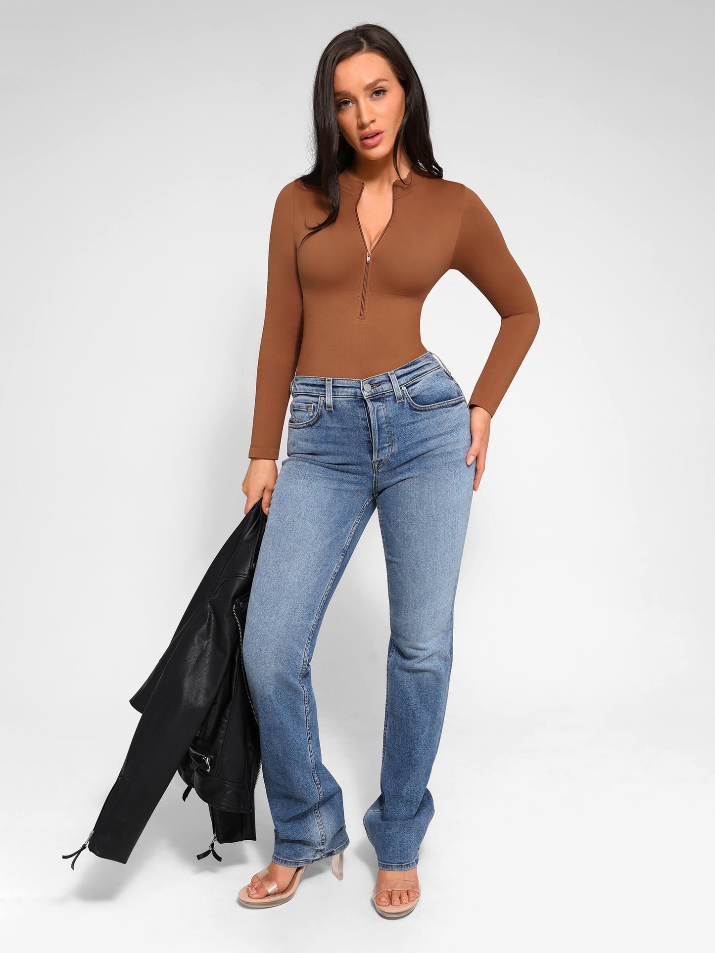 Seamless Long Sleeve Zipper Thong Bodysuit