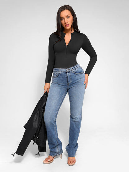 Seamless Long Sleeve Zipper Thong Bodysuit