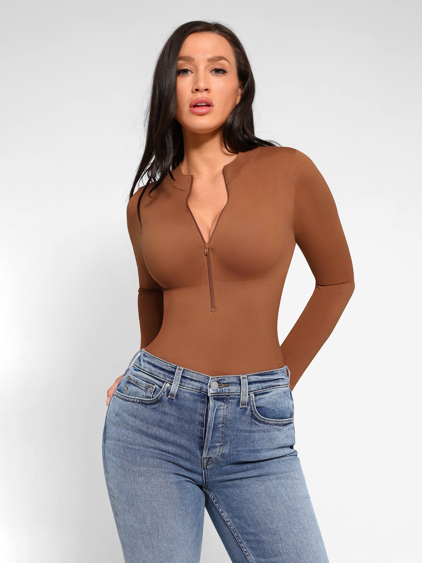 Seamless Long Sleeve Zipper Thong Bodysuit