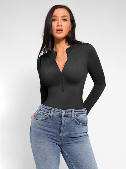 Seamless Long Sleeve Zipper Thong Bodysuit