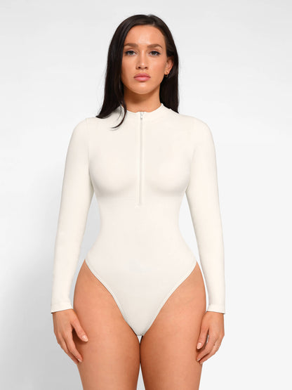Seamless Long Sleeve Zipper Thong Bodysuit