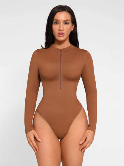 Seamless Long Sleeve Zipper Thong Bodysuit