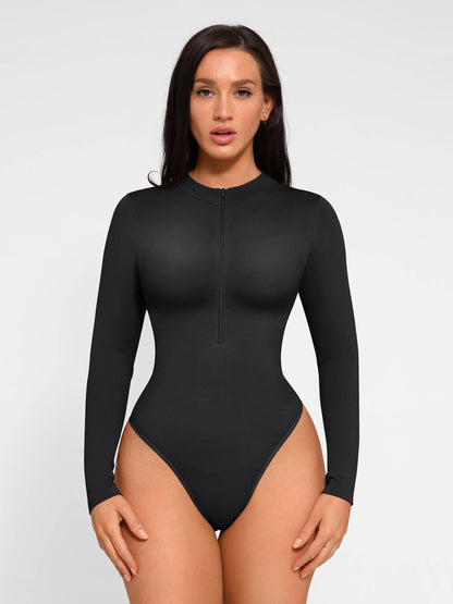 Seamless Long Sleeve Zipper Thong Bodysuit