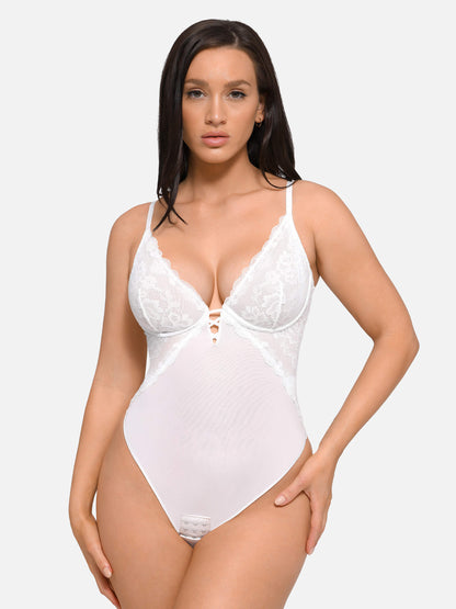 V Neck Elegant Lace Sculpting Thongs Bodysuit