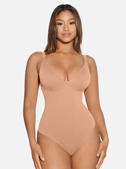 V Neck Tummy Control Thong Bodysuit