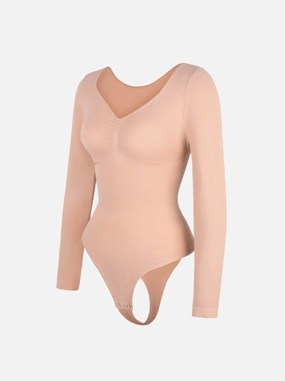 Seamless Long Sleeve Chest Support Tummy Control Thong Bodysuit