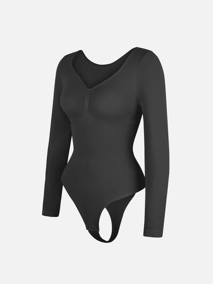 Seamless Long Sleeve Chest Support Tummy Control Thong Bodysuit