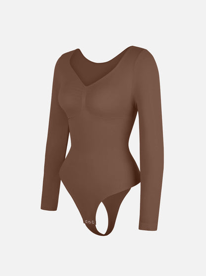 Seamless Long Sleeve Chest Support Tummy Control Thong Bodysuit