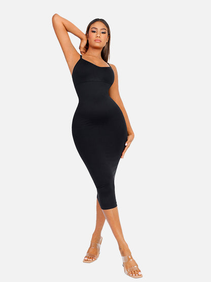 FeelinGirl Nahtloses Maxi-Shaping-Kleid mit Spaghettiträgern, V-Ausschnitt und integriertem Figurbetonen