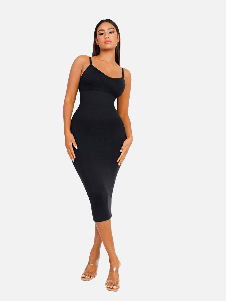 FeelinGirl Nahtloses Maxi-Shaping-Kleid mit Spaghettiträgern, V-Ausschnitt und integriertem Figurbetonen