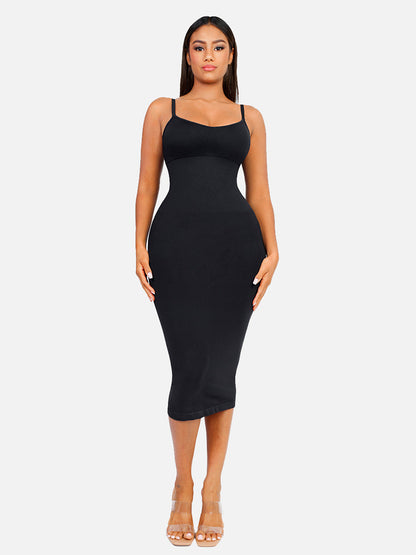 FeelinGirl Nahtloses Maxi-Shaping-Kleid mit Spaghettiträgern, V-Ausschnitt und integriertem Figurbetonen