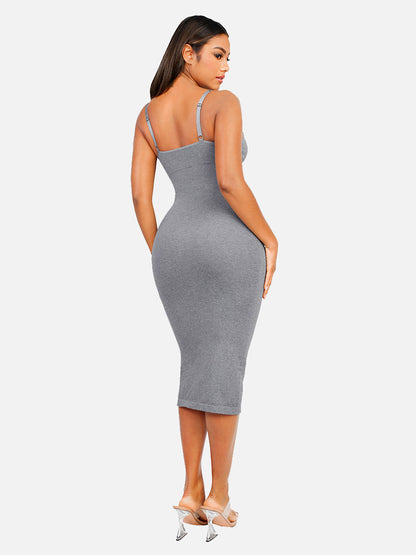 Seamless Spaghetti Strap V-neck Maxi Built-in Shaper Dress