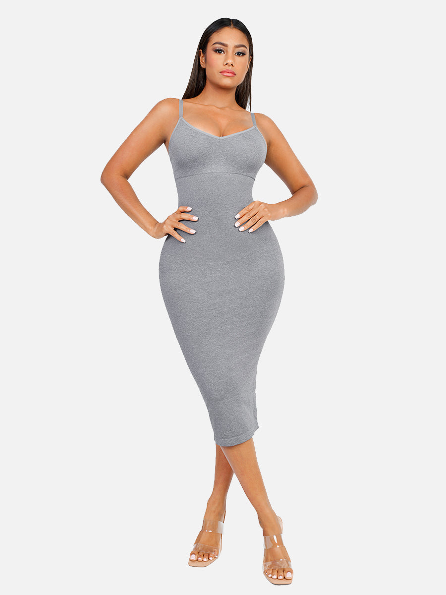 FeelinGirl Nahtloses Maxi-Shaping-Kleid mit Spaghettiträgern, V-Ausschnitt und integriertem Figurbetonen