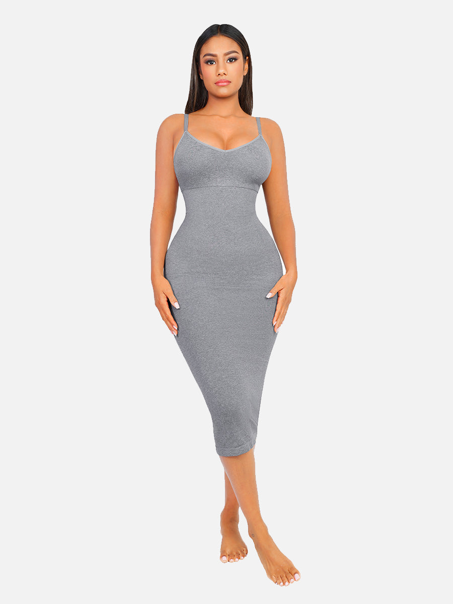 FeelinGirl Nahtloses Maxi-Shaping-Kleid mit Spaghettiträgern, V-Ausschnitt und integriertem Figurbetonen