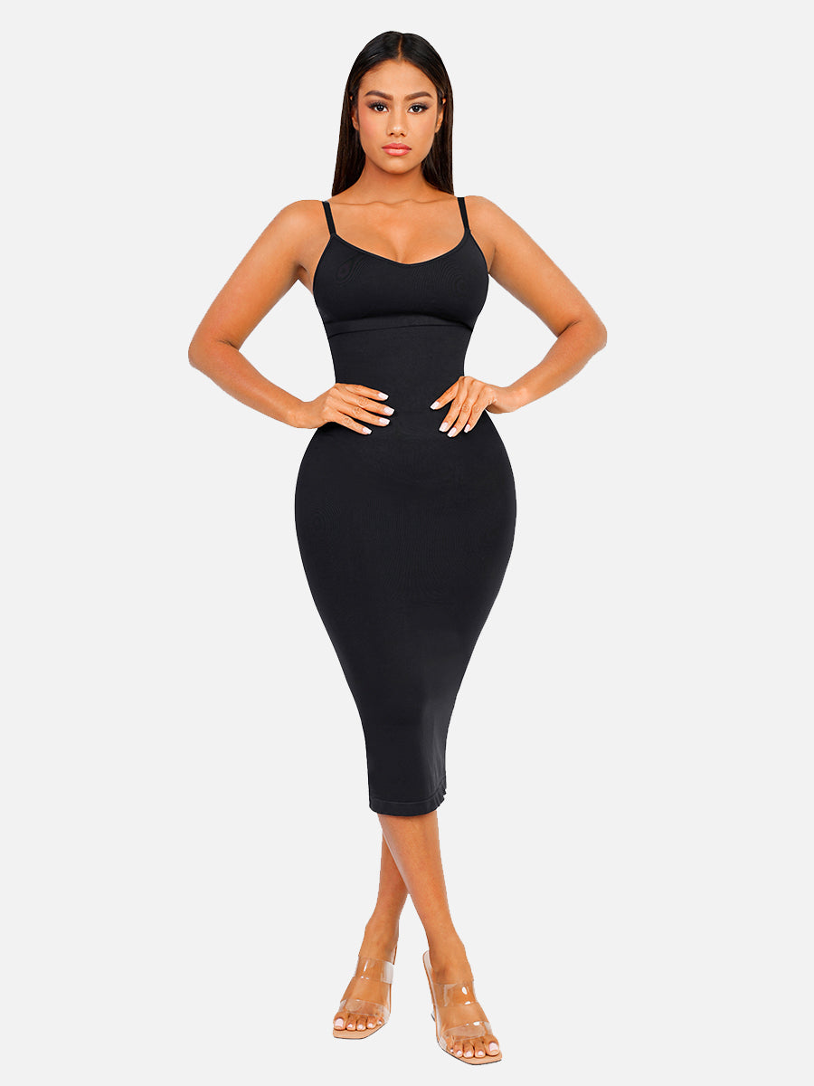 Seamless Spaghetti Strap V-neck Maxi Built-in Shaper Dress