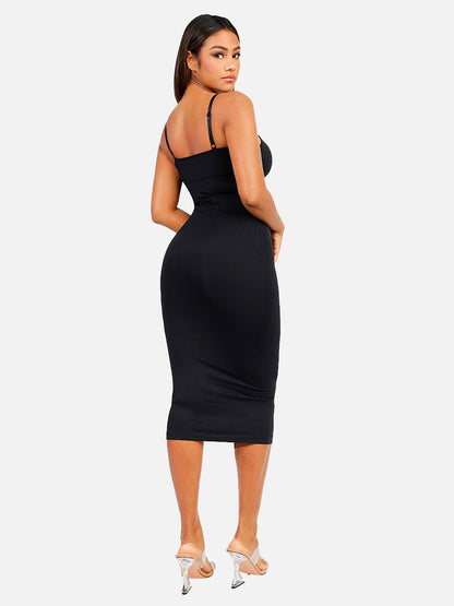 FeelinGirl Nahtloses Maxi-Shaping-Kleid mit Spaghettiträgern, V-Ausschnitt und integriertem Figurbetonen